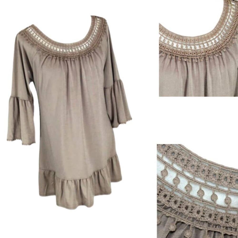 WinWin Women's Taupe Crochet Neckline Ruffle Hem Tunic Top Boho | Size L/XL